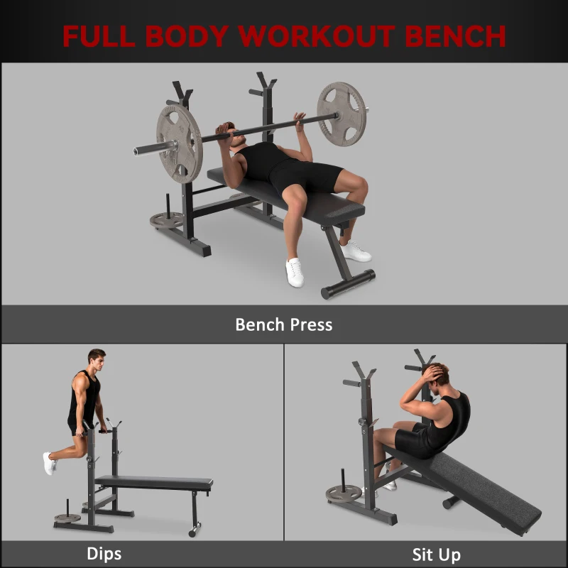 Soozier Adjustable Weight Bench, Foldable Bench Press with Barbell Rack and Dip Station for Home Gym, Strength Training Multiuse Workout Bench, Black and Grey