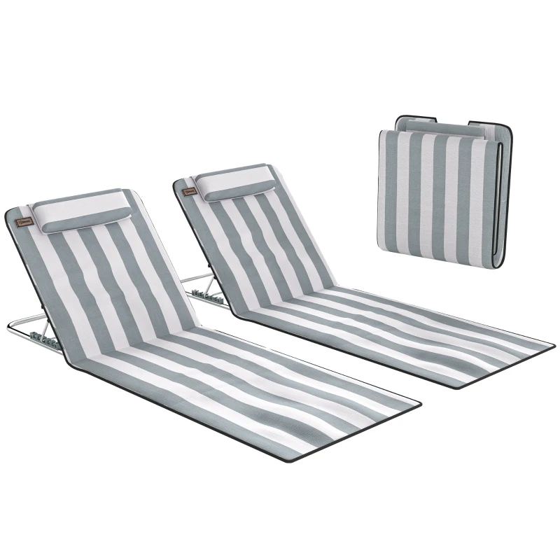 Outsunny 2 Pieces Beach Lounge Chair, Outdoor Folding Chaise Lounge Set w/ Pillow for Sunbath, Snap, Light Grey and White