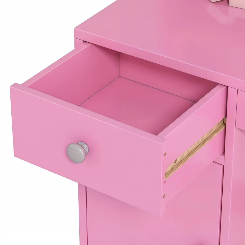 Qaba Kids Vanity Set, Toddler Dressing Table and Chair Set  with Lighted Mirror, Cabinet, Drawer and Shelves, Pink