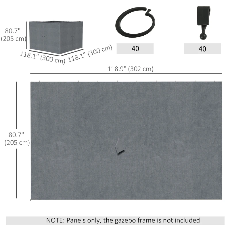 Outsunny Gazebo Curtains, 10' x 10' Universal Replacement Privacy Curtain, 4-Panels Sidewall with Hooks/C-Rings, Slate Grey