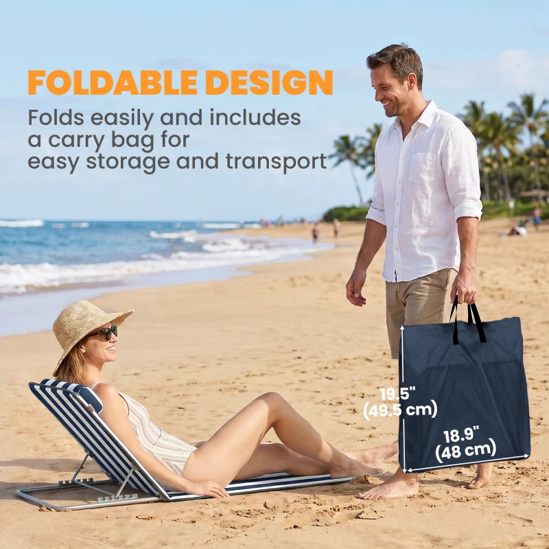 Outsunny 2 Pieces Beach Lounge Chair, Outdoor Folding Chaise Lounge Set w/ Pillow for Sunbath, Snap, Blue and White