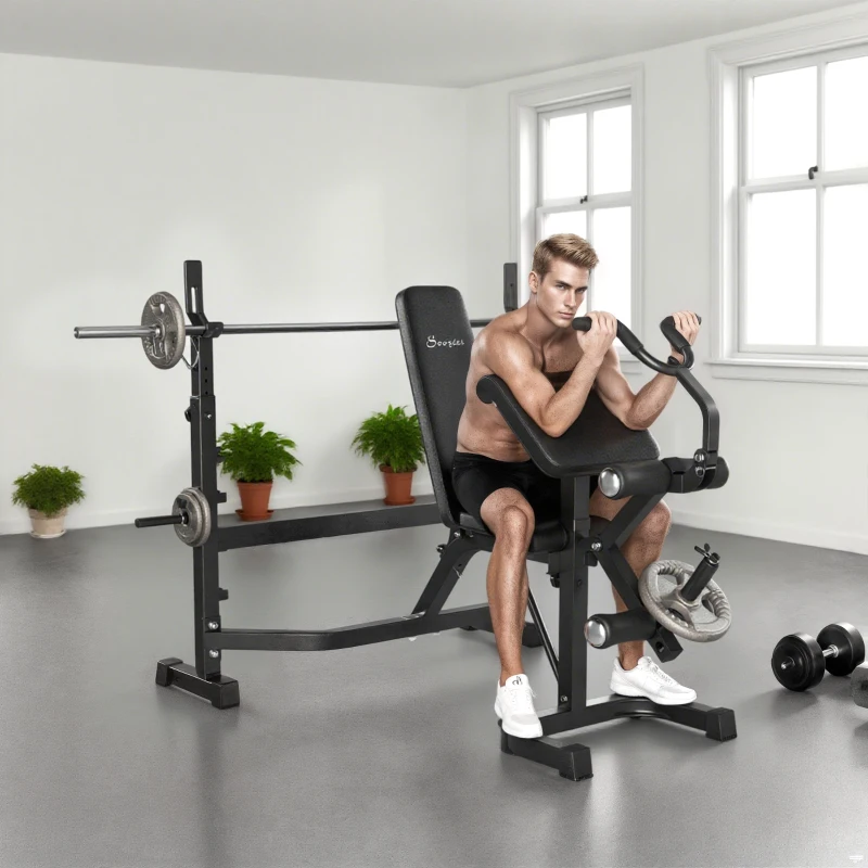 Soozier Weight Bench Stand with Squat Rack, Adjustable Olympic Bench, Multifunctional Arm Curl Pad, Leg Extension, Grey