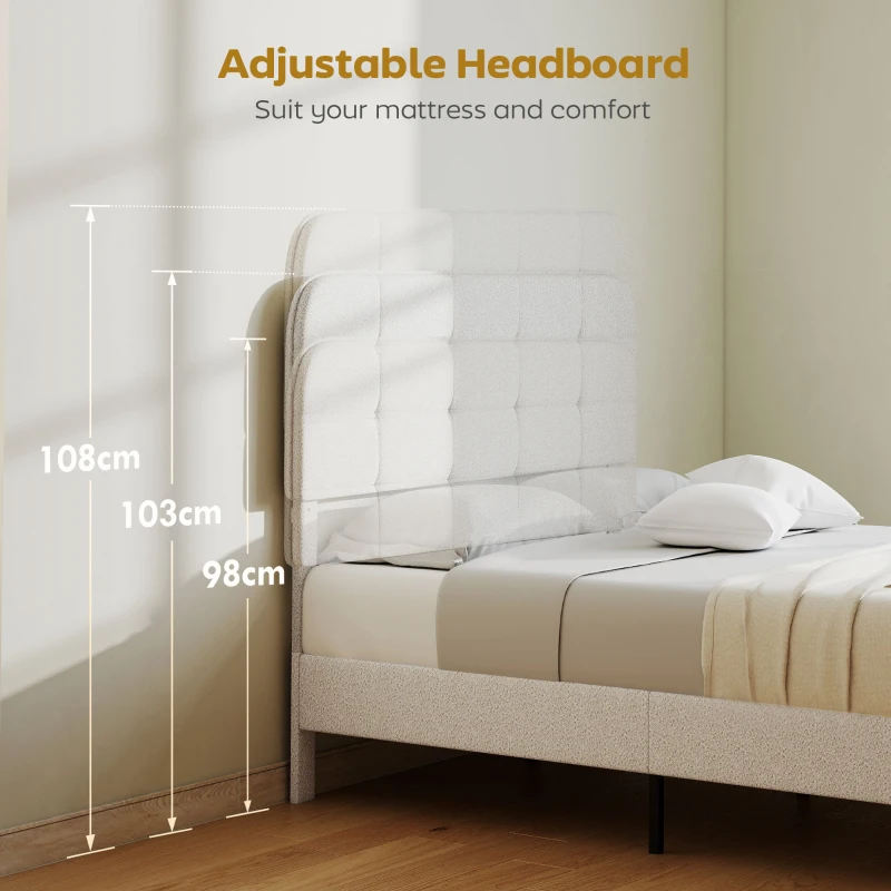 HOMCOM Queen Size Bed Frame with Adjustable Headboard Upholstered Platform Bed Frame with Wood Slat Support Noise Free White