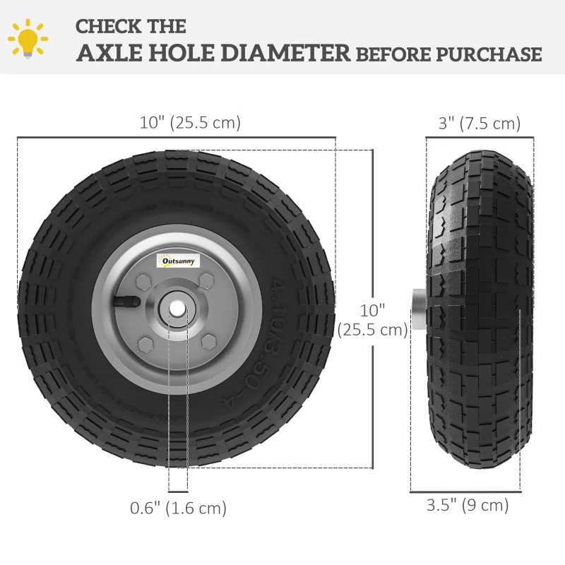 Outsunny Set of 2 Pneumatic Wheels, 10" Wheelbarrow Wheels Replacement for Barn Carts, Hose Carts, Garden Carts, Black
