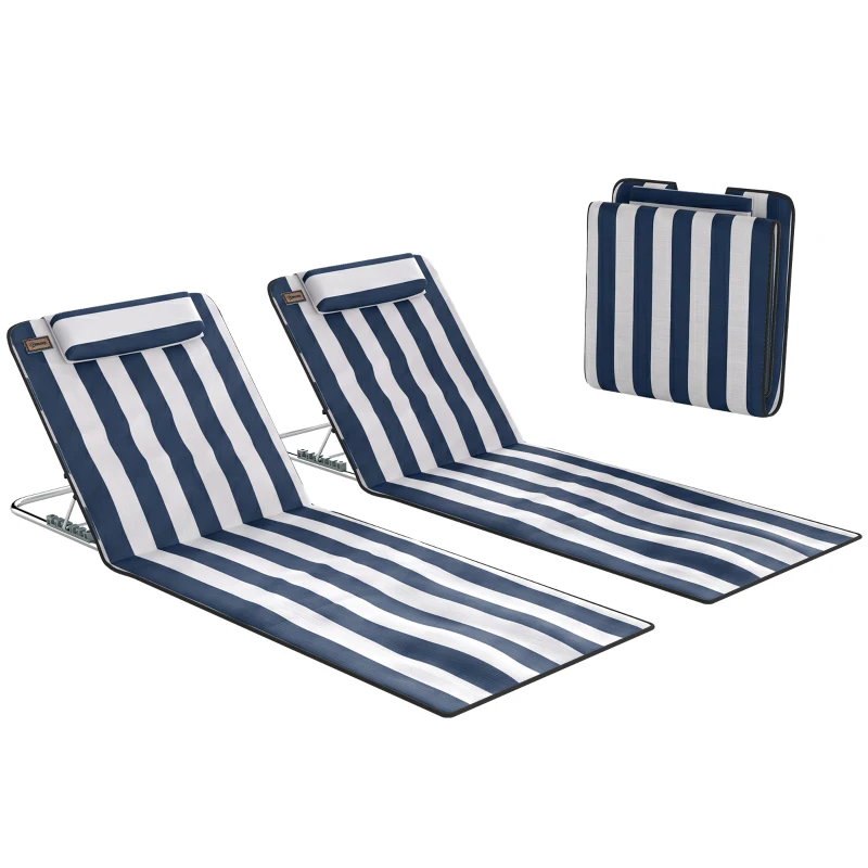 Outsunny 2 Pieces Beach Lounge Chair, Outdoor Folding Chaise Lounge Set w/ Pillow for Sunbath, Snap, Blue and White