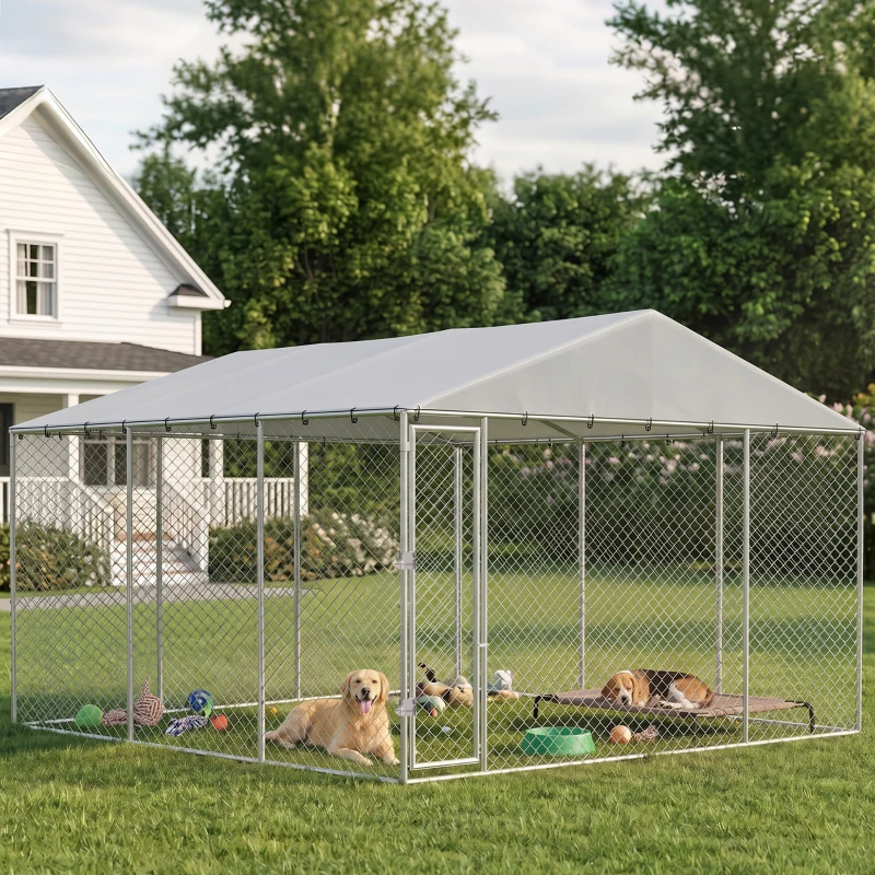 PawHut 13' x 13' x 6.5' Dog Kennel Outdoor for Small Medium Dogs with Waterproof Roof, Silver