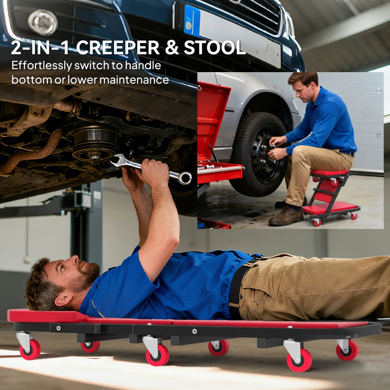HOMCOM Automotive Z Creeper Seat, 2-in-1 330 lbs Rolling Garage Mechanic Creeper & Stool with Pad, 6 Wheels, Red