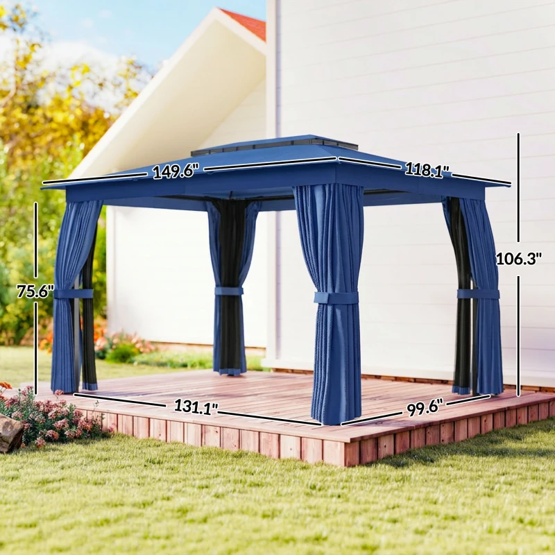 Outsunny 10' x 12' Outdoor Patio Gazebo, Soft Top Gazebo Canopy Shelter with Curtains, Netting, Steel Frame, Hooks, Blue