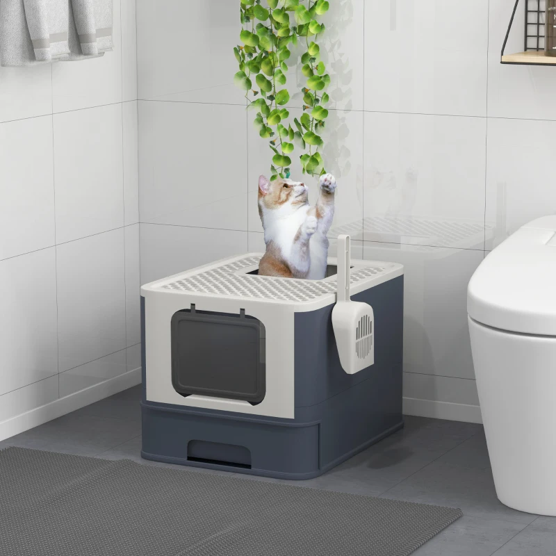 PawHut Cat Litter Box with Lid, Scoop, Front Entry, and Top Exit for Large Cats, White