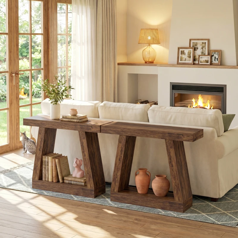 HOMCOM 42" Farmhouse Console Table, 2-Tier Entryway Table with Storage for Hallway, Living Room, Behind Couch, Rustic Brown
