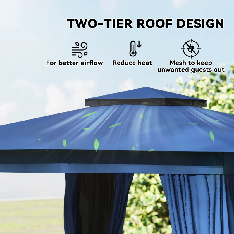 Outsunny 10' x 12' Outdoor Patio Gazebo, Soft Top Gazebo Canopy Shelter with Curtains, Netting, Steel Frame, Hooks, Blue