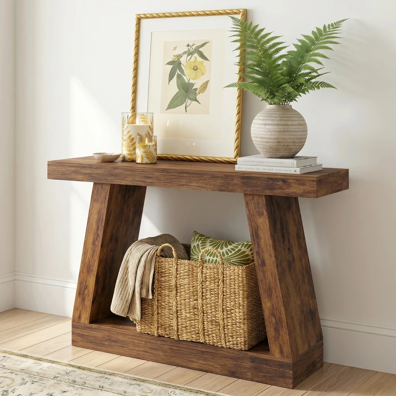 HOMCOM 42" Farmhouse Console Table, 2-Tier Entryway Table with Storage for Hallway, Living Room, Behind Couch, Rustic Brown