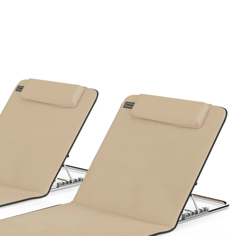Outsunny 2 Pieces Beach Lounge Chair, Outdoor Folding Chaise Lounge Set w/ Pillow for Sunbath, Snap, Beige