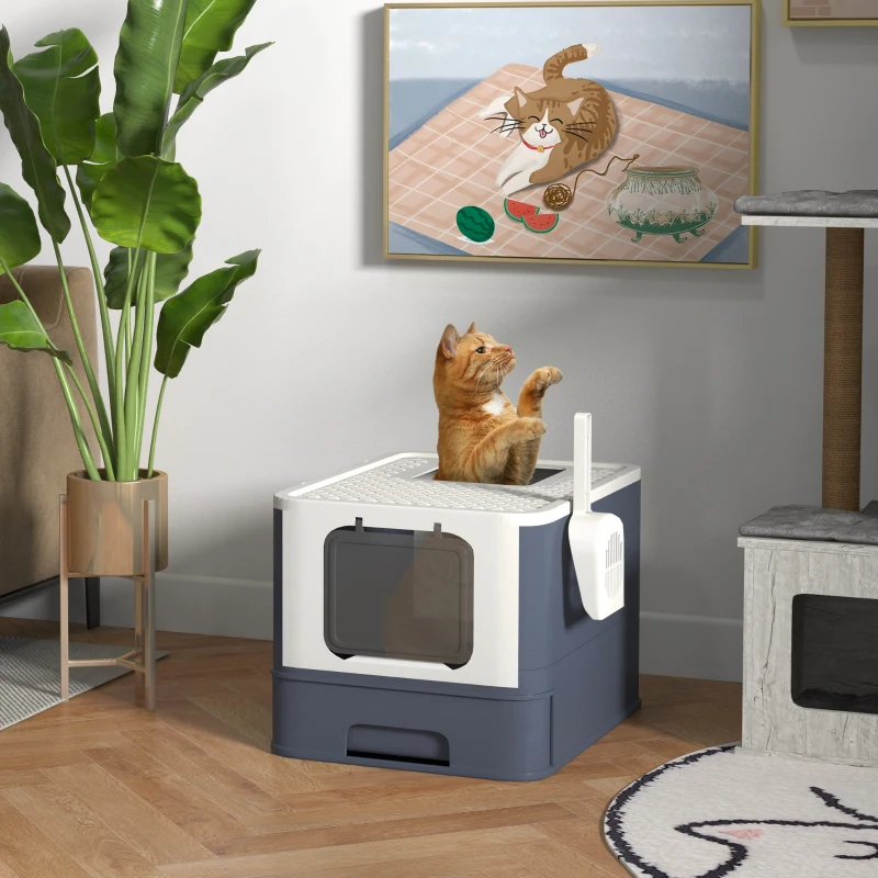 PawHut Cat Litter Box with Lid, Scoop, Front Entry, and Top Exit for Large Cats, White