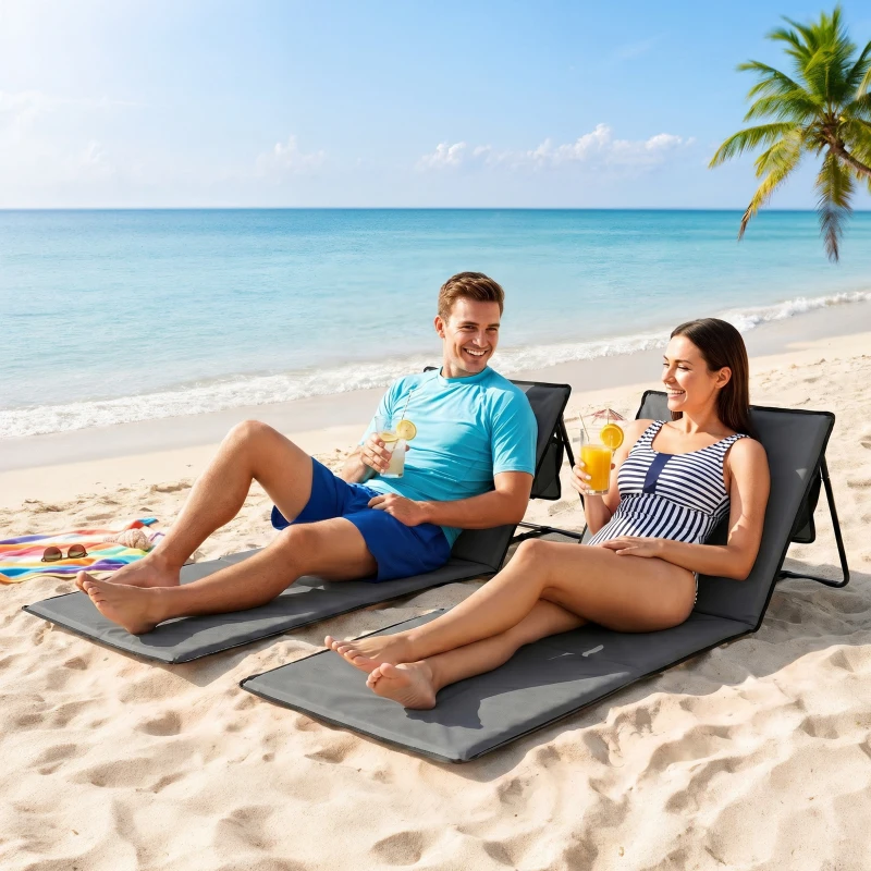 Outsunny Set of 2 Foldable Lounge Chairs with Carry Strap, Adjustable Backrest, Grey