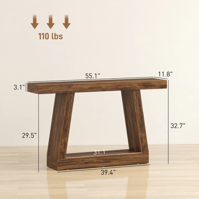 HOMCOM 55" Farmhouse Console Table, 2-Tier Entryway Table with Storage for Hallway, Living Room, Behind Couch, Rustic Brown