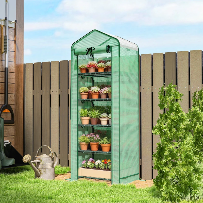 Outsunny Mini Greenhouse with Screen Roof, 5 Tier Portable Small Greenhouse with High Strength PE Cover, Green