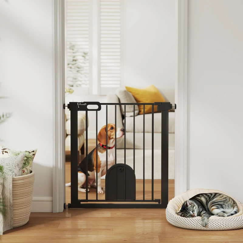 PawHut 30"-32" Extra Wide Pet Gate Barrier with Small Door, 30"H Dog Gate with Safety Gate Barrier, Stair Pressure Fit, Black