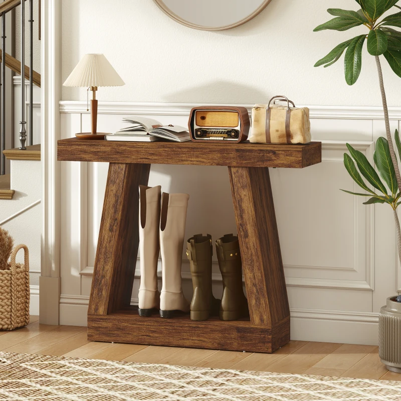 HOMCOM 42" Farmhouse Console Table, 2-Tier Entryway Table with Storage for Hallway, Living Room, Behind Couch, Rustic Brown