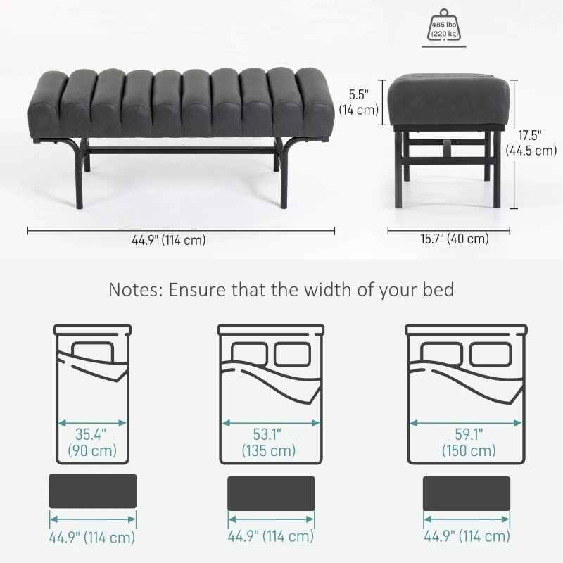 HOMCOM Bedroom Bench PU Leather End of Bed Bench with Cylindrical Seat and Metal Legs for Bedroom Living Room Hallway Black