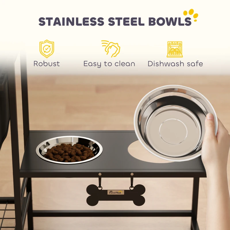 PawHut 3 Height Adjustable Dog Bowl Stand with 2 Feeding Stations, Toy Bin Basket, Black