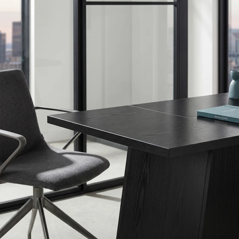 HOMCOM 63 Inch Computer Desk with Trapezoidal Frame Light Black Wood Grain