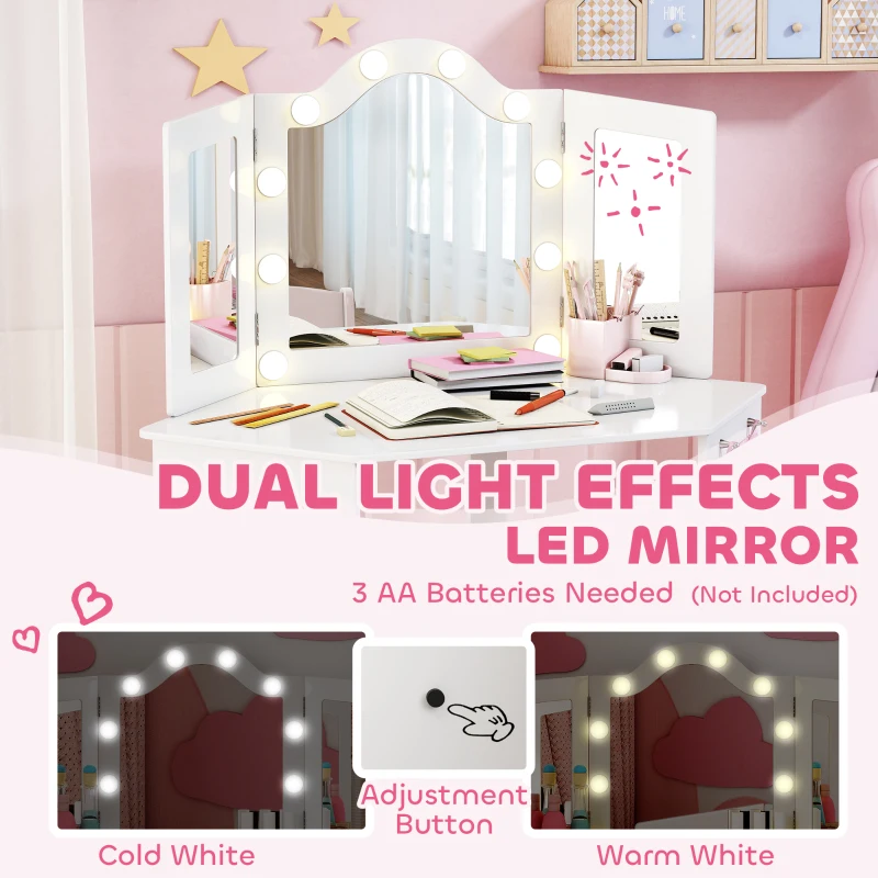 Qaba Kids Vanity Table and Chair Set with Lights, Makeup Dressing Table with Tri-Fold Mirror for Ages 3-8 Years, White
