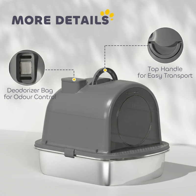 PawHut Enclosed Stainless Steel Litter Box, Metal Cat Litter Box with Scoop, Deodorizer Bag, Handle, Easy to Clean