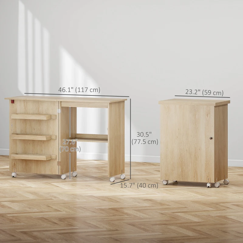HOMCOM Sewing Machine Cabinet, Folding Sewing Table with Storage Shelf, Bins and Lockable Wheels for Small Space, Nature Wood