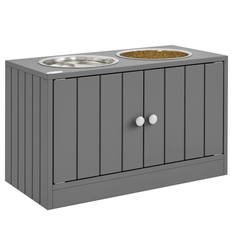 PawHut Elevated Dog Bowls for Large Dogs Pet Feeding Station with Stand, Storage, 2 Stainless Steel Food and Water Bowls, Grey