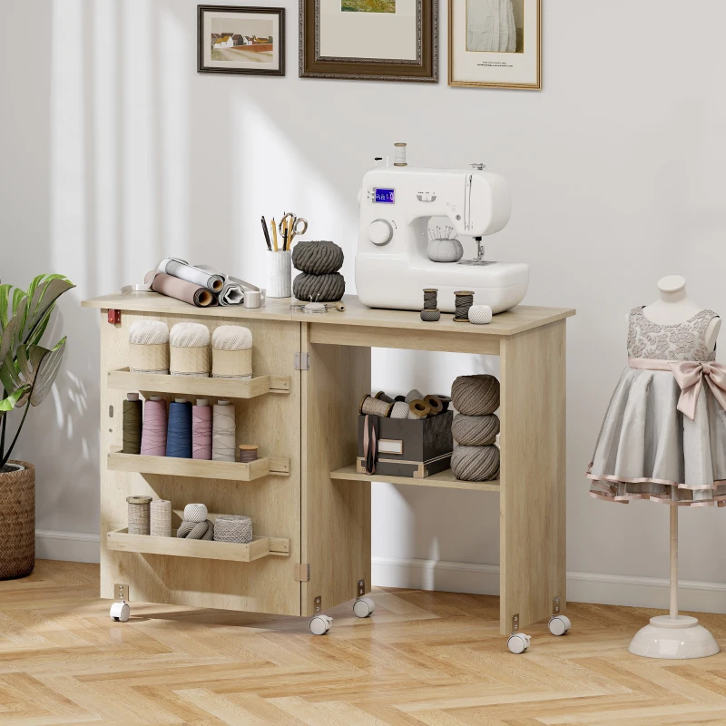 HOMCOM Sewing Machine Cabinet, Folding Sewing Table with Storage Shelf, Bins and Lockable Wheels for Small Space, Nature Wood