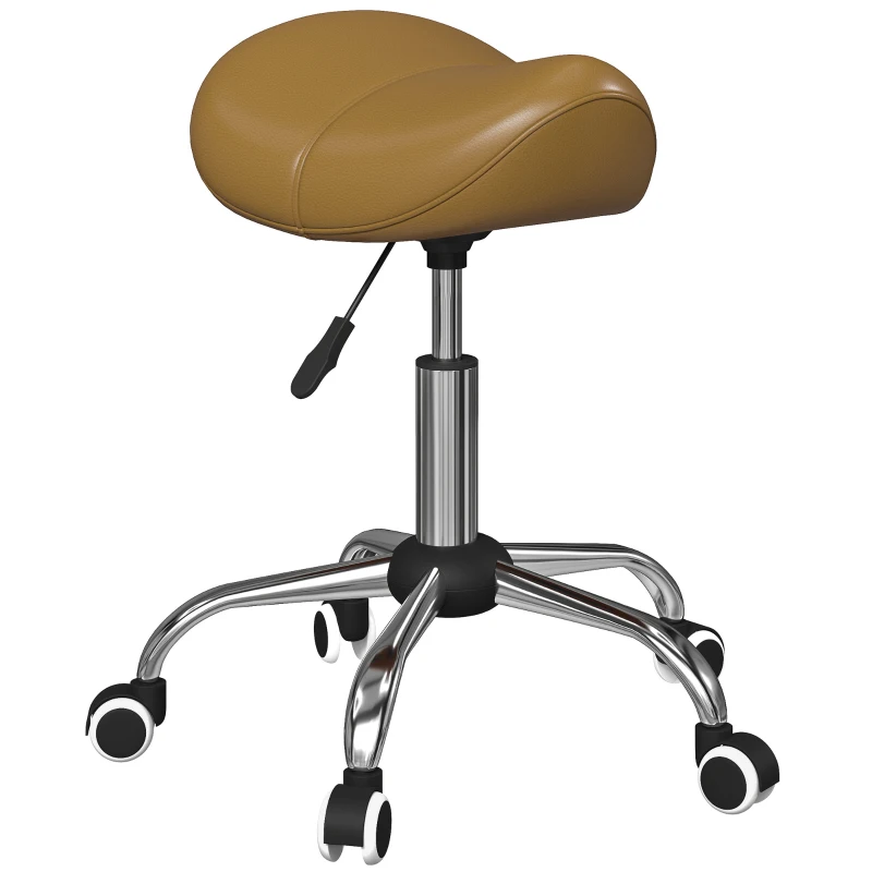 HOMCOM Adjustable PU Leather Saddle Chair with 360° Swivel, Healthy Posture, Saddle Chair for Massage Home Office, Light Brown
