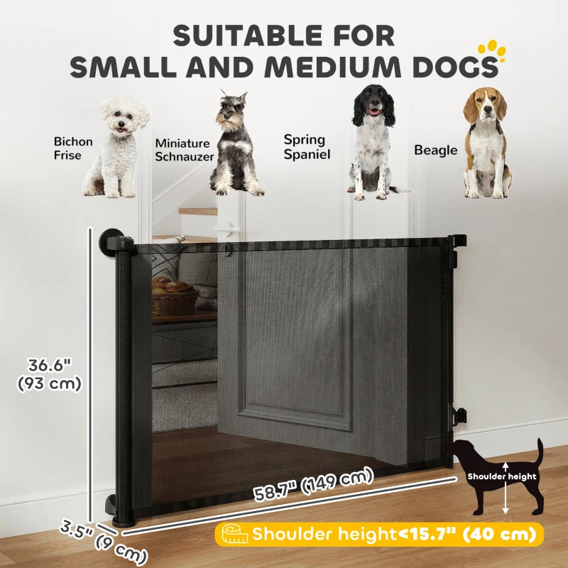 PawHut Retractable Dog Gate, 36.6" Tall,  Extends to 55" Wide, Mesh Pet Gate with Single Hand Operation, for Stairs, Doorways