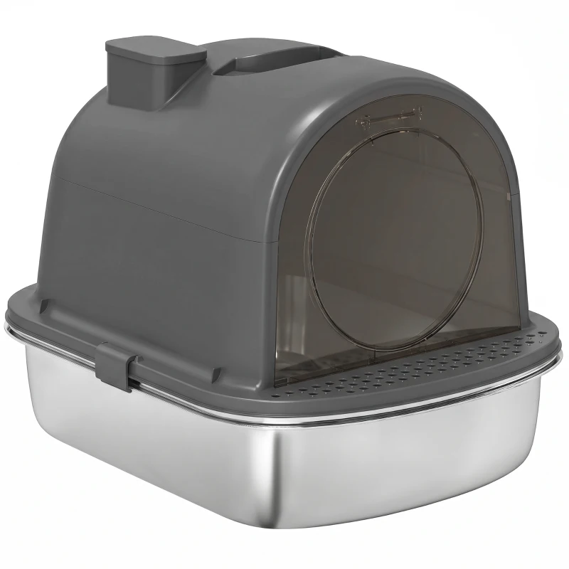 PawHut Enclosed Stainless Steel Litter Box, Metal Cat Litter Box with Scoop, Deodorizer Bag, Handle, Easy to Clean