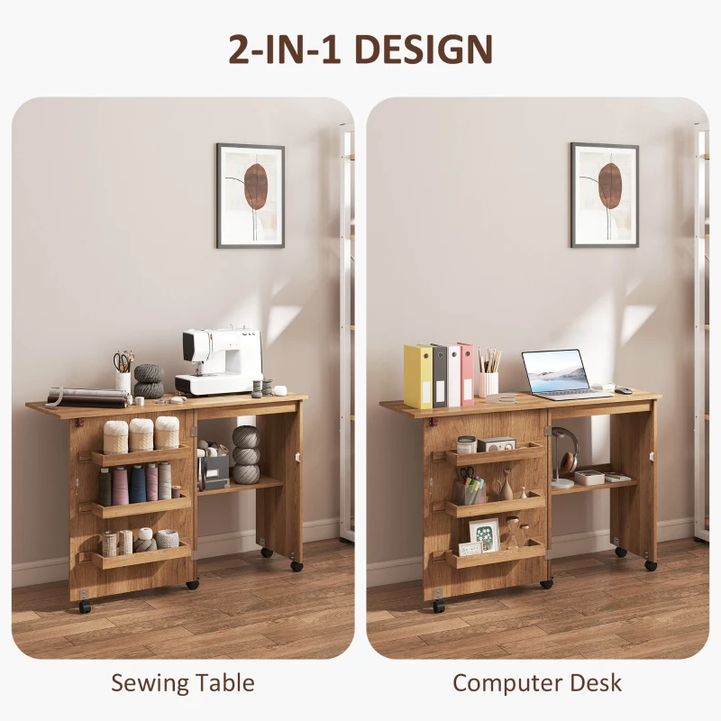 HOMCOM Sewing Machine Cabinet, Folding Sewing Table with Storage Shelf, Bins and Lockable Wheels for Small Space, Brown