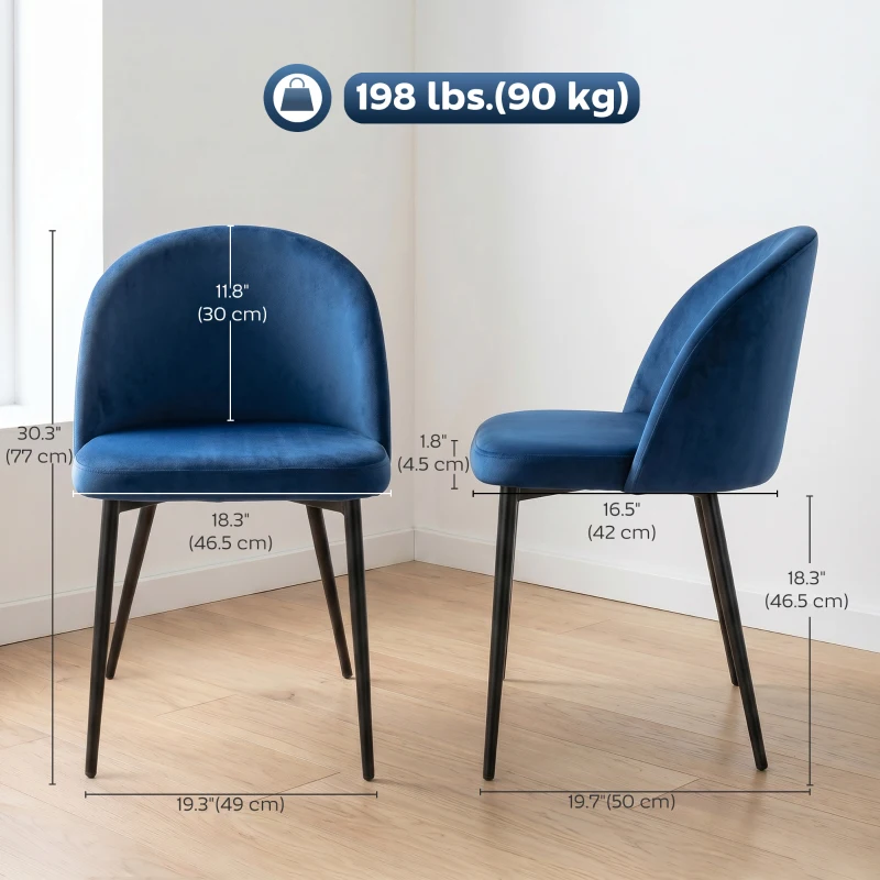 HOMCOM Set of 2 Mid-Back Dining Chair, Mid-Back Velvet-touch Upholstery Kitchen Chair for Living Room Dining Room, Dark Blue