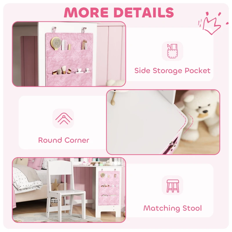 Qaba Kids Vanity Table and Chair Set with Lights, Makeup Dressing Table with Tri-Fold Mirror for Ages 3-8 Years, White