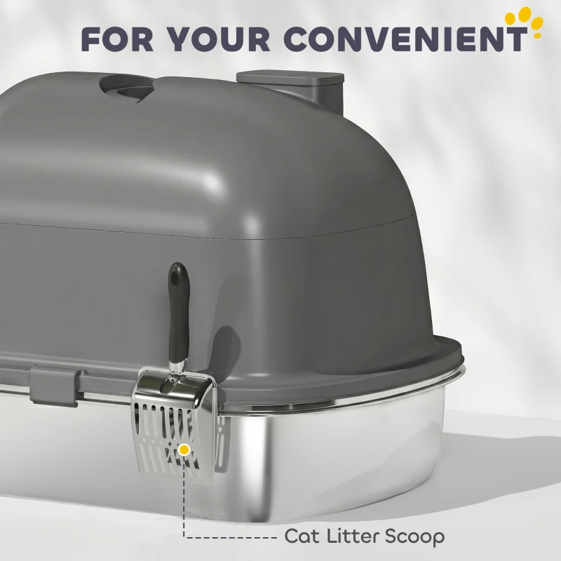 PawHut Enclosed Stainless Steel Litter Box, Metal Cat Litter Box with Scoop, Deodorizer Bag, Handle, Easy to Clean