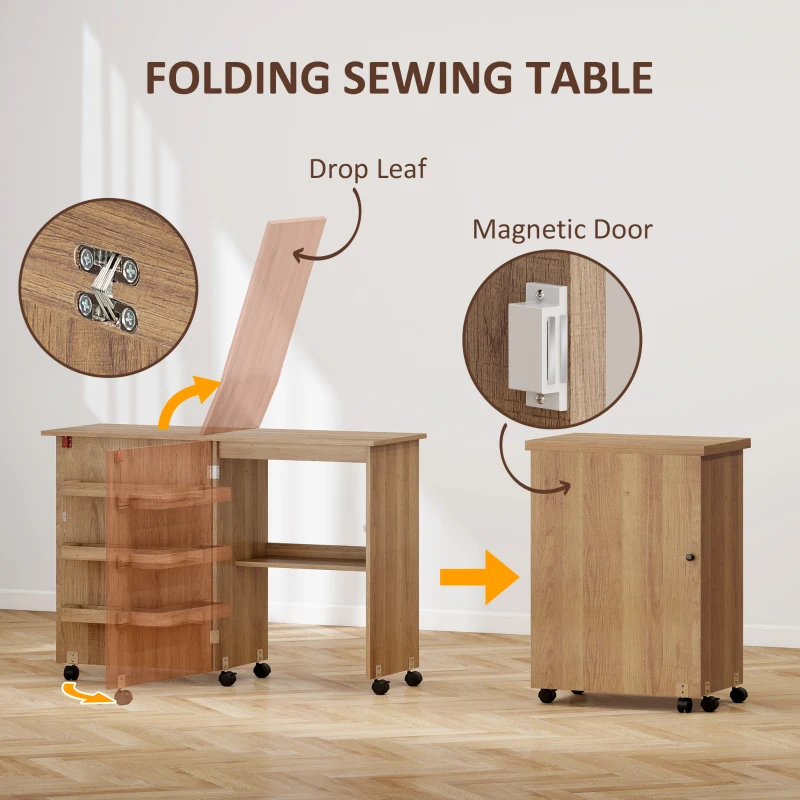 HOMCOM Sewing Machine Cabinet, Folding Sewing Table with Storage Shelf, Bins and Lockable Wheels for Small Space, Brown