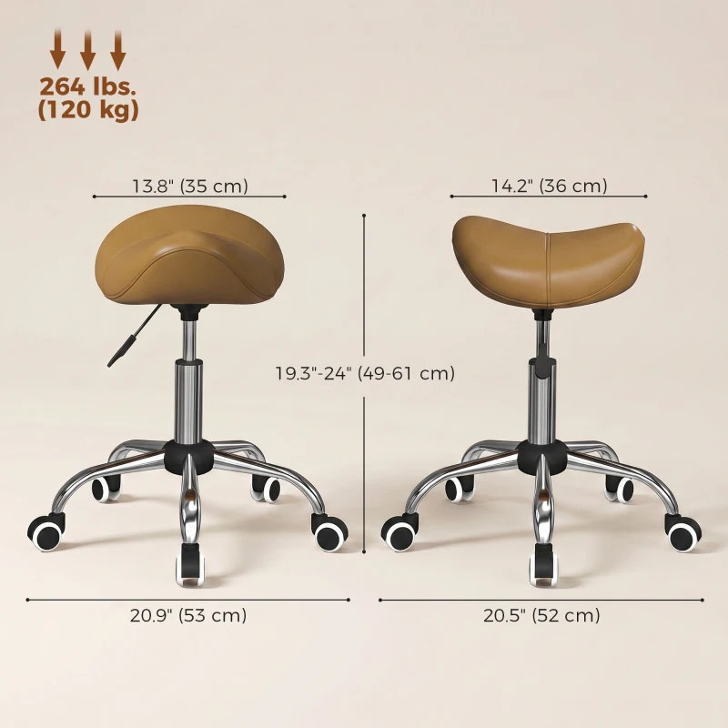HOMCOM Adjustable PU Leather Saddle Chair with 360° Swivel, Healthy Posture, Saddle Chair for Massage Home Office, Light Brown