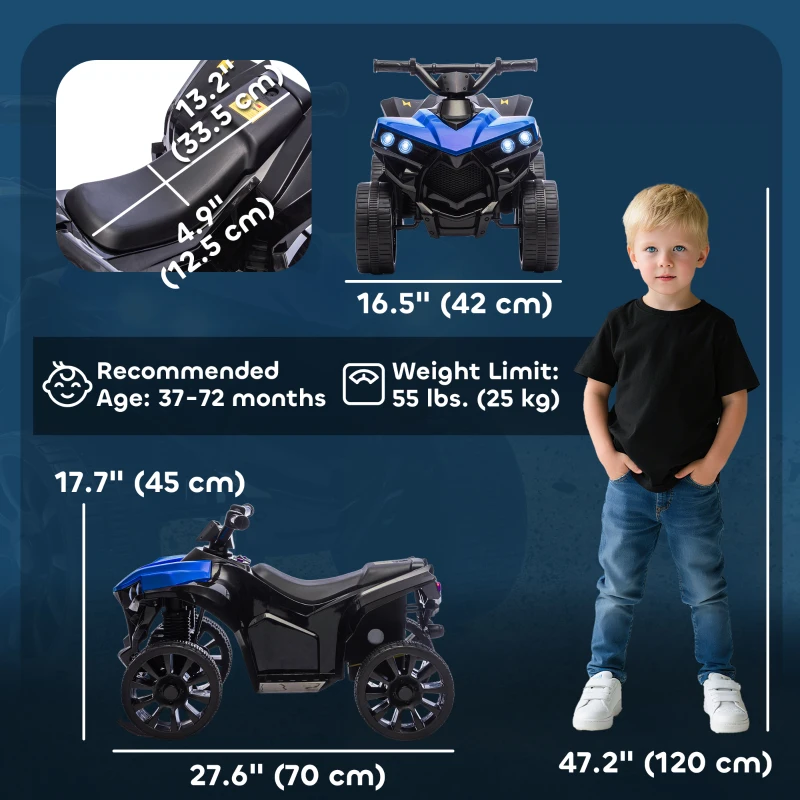 Qaba 6V Kids ATV, 4 Wheeler Electric Ride on Car with Music and LED Headlights, for Ages 37-72 Months Boys and Girls, Blue