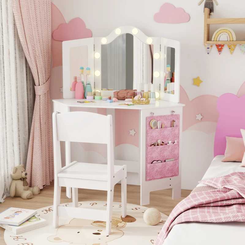 Qaba Kids Vanity Table and Chair Set with Lights, Makeup Dressing Table with Tri-Fold Mirror for Ages 3-8 Years, White