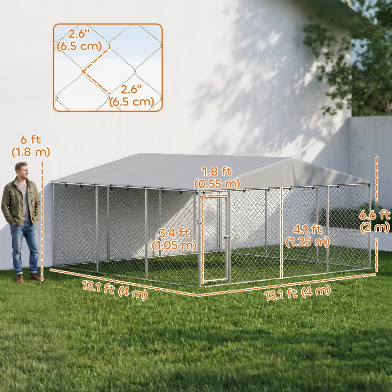 PawHut 13.1' x 13.1' x 6.6' Outdoor Dog Kennel Heavy Duty Galvanized Steel Chain Link with UV-resistant Roof, Silver