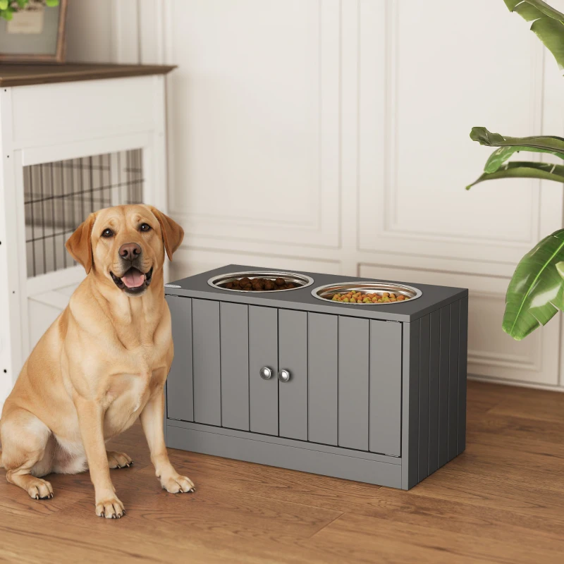 PawHut Elevated Dog Bowls for Large Dogs Pet Feeding Station with Stand, Storage, 2 Stainless Steel Food and Water Bowls, Grey