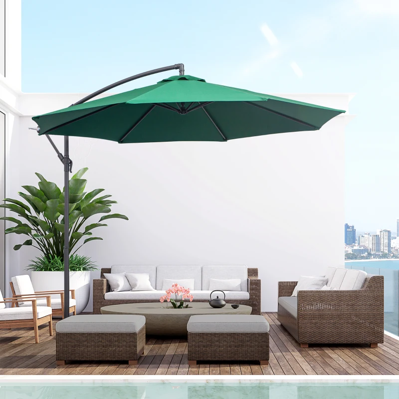 Outsunny 10' Deluxe Patio Umbrella, Outdoor Market Parasol, Banana Hanging Offset Sunshade with Crank, Cross Base, Dark Green