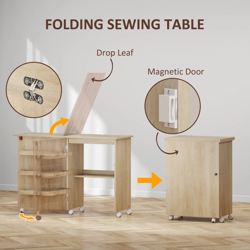 HOMCOM Sewing Machine Cabinet, Folding Sewing Table with Storage Shelf, Bins and Lockable Wheels for Small Space, Nature Wood
