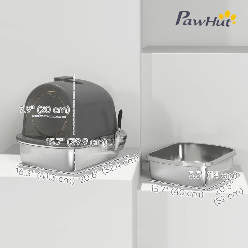 PawHut Enclosed Stainless Steel Litter Box, Metal Cat Litter Box with Scoop, Deodorizer Bag, Handle, Easy to Clean
