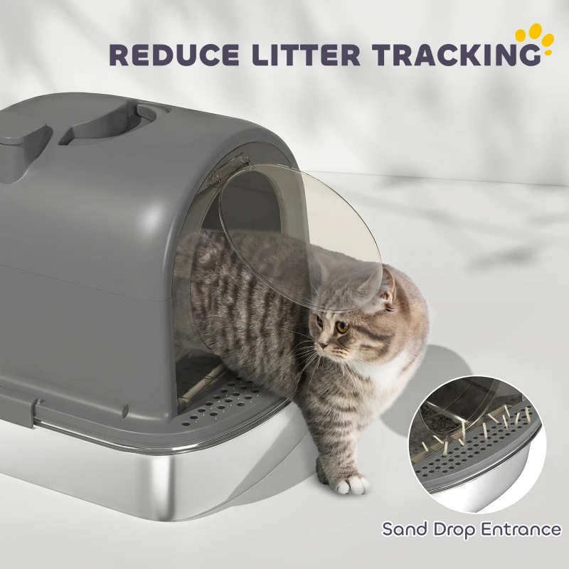 PawHut Enclosed Stainless Steel Litter Box, Metal Cat Litter Box with Scoop, Deodorizer Bag, Handle, Easy to Clean