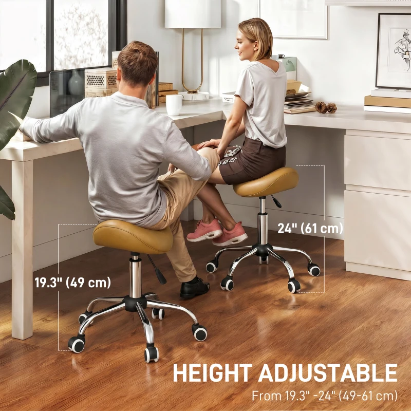 HOMCOM Adjustable PU Leather Saddle Chair with 360° Swivel, Healthy Posture, Saddle Chair for Massage Home Office, Light Brown