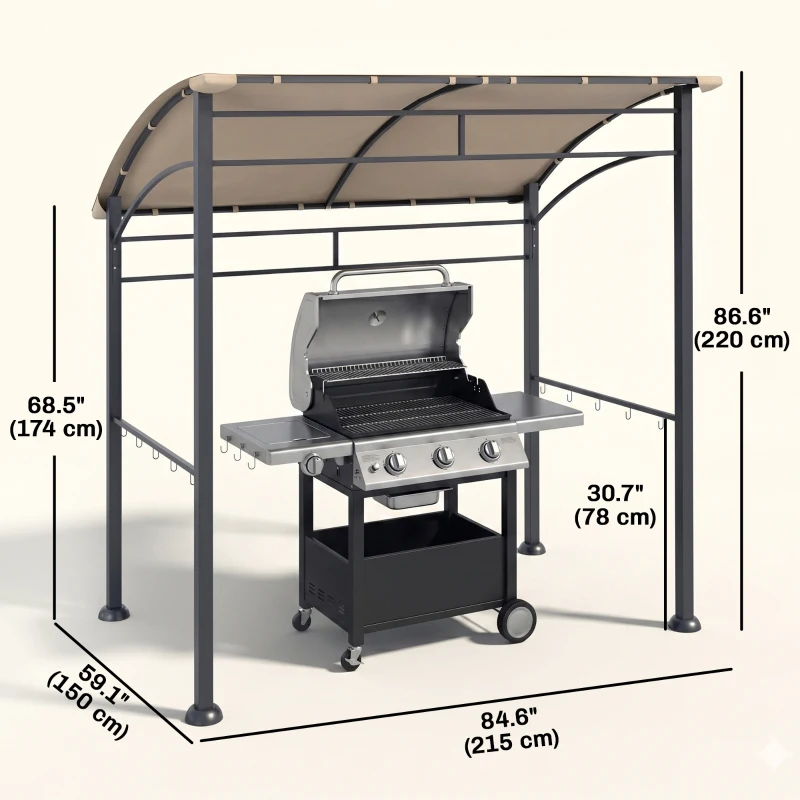Outsunny 7' x 5' BBQ Grill Gazebo Tent, Garden Grill Canopy with Steel Frame and Hooks, Outdoor Sun Shade, Khaki